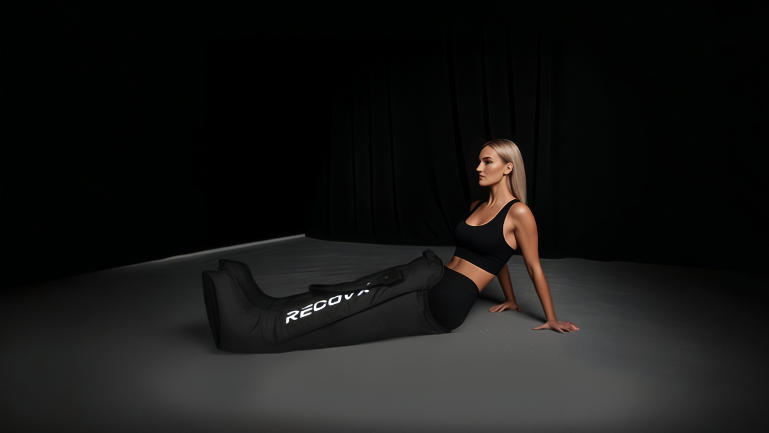 A healthy, slender woman uses dynamic air compression massage post-workout to massage her leg muscles, aiding rapid recovery.